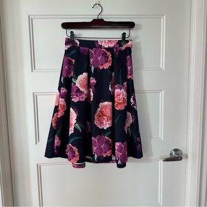 Simons Floral A-Line Skirt Size Small Navy with Pink/Purple Flowers